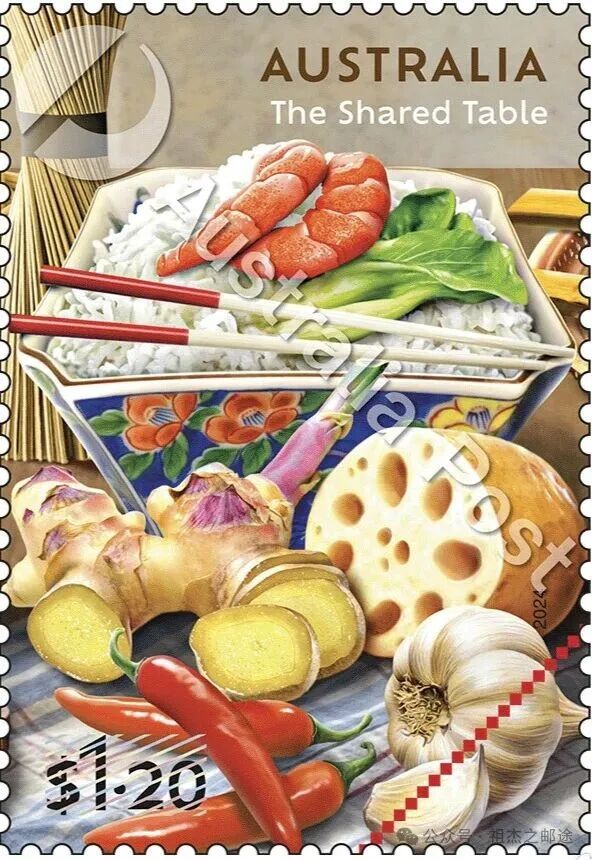 2024年3月12日，《分享美食》邮票一套4枚，（4—2）亚洲风味，有中国筷子、莲藕和米饭主食.jpg